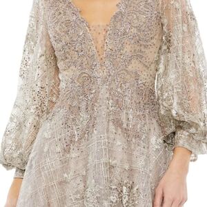 Mac Duggal Bishop sleeve midi embellished taupe dress